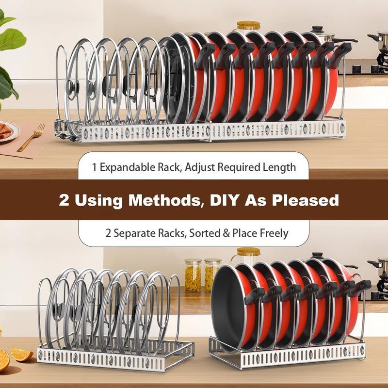 Housolution 2 Pack Pot and Pan Organizer Rack, 12"-23" Expandable Pot Lid Organizer with 14 Adjustable Dividers, Pan Holder Storage Rack for Kitchen Cabinet, Silver - Image 4